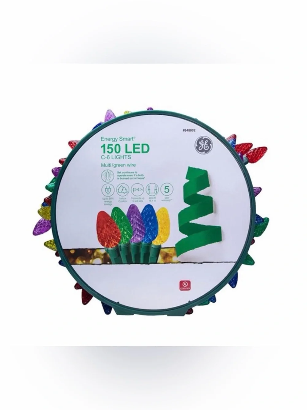 GE Energy Smart 150 LED C-6 Faceted Lights Multi with Green Wire 49.6-FT, NEW